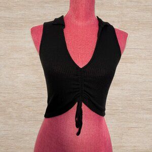 Zara Black Ribbed Collared Ruched Crop Tank Top Women’s Size Small